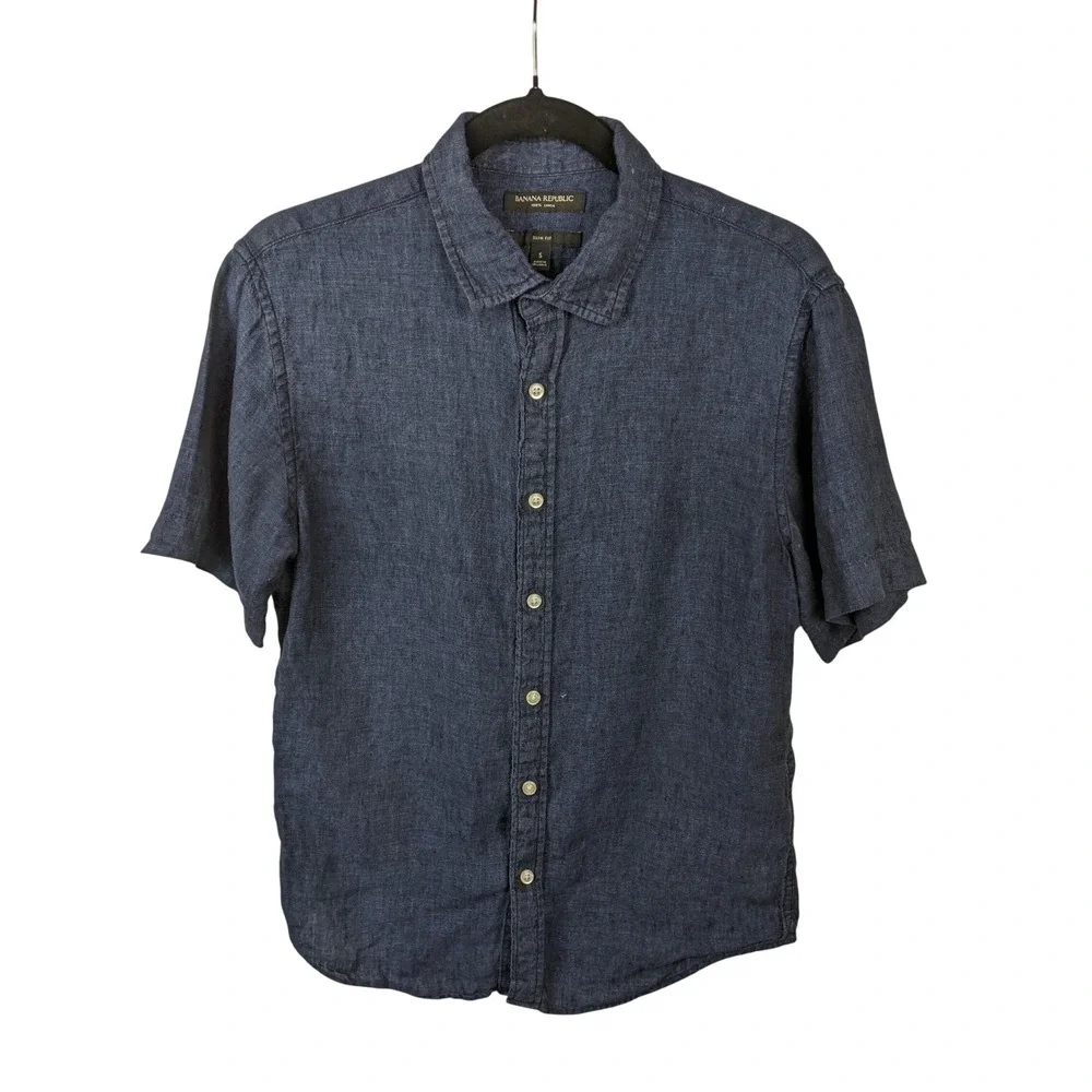 Banana Republic Mens Navy Blue 100% Linen Short Sleeve Slim Fit Shirt Small